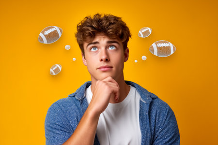 Young man with thoughtful expression looks up while pondering football strategy. Bright yellow background adorned with football graphics creates energetic setting.の素材