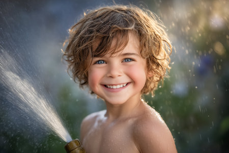 Young boy sprays water with garden hose, radiating happiness with a big smile. Lush green garden provides a vibrant backdrop. Concept of family fun, outdoor play, summer activities.の素材