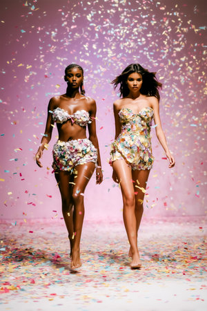 Models walk barefoot on a recycled material runway with colorful confetti falling around them. Minimalist backdrop enhances focus on sustainable fashion.の素材
