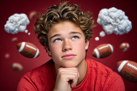 Boy with curly hair looks upward, pondering football aspirations. Lively red background with floating football images creates dynamic setting. Concept of youth sports, motivation, inspiration.の素材