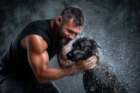 Man shares joyful interaction with dog while water splashes around them. Studio background emphasizes active bonding moment. Concept of pet care, companionship, animal training.の素材