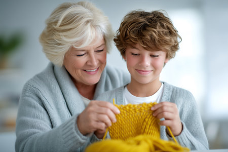 Woman smiles while guiding boy through knitting process with yellow yarn and needles. Light-filled cozy interior creates warm atmosphere. Concept of family bonding, learning, creativity.の素材