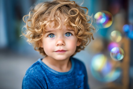 Curly-haired child looks at camera with wide blue eyes, surrounded by vibrant bubbles in a playful environment. Concept of childhood, joy, and imagination in family activities.の素材