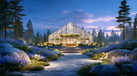 Greenhouse showcases modern design surrounded by blooming flowers and lush greenery. Evening setting captures serene atmosphere with soft lighting.の素材