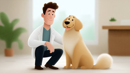 Veterinarian kneels next to joyous golden retriever in sunny, modern clinic. Warm atmosphere filled with plants creates inviting space. Concept of pet care, animal wellness, veterinary services.の素材