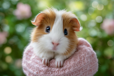 Guinea pig looks at camera while resting in soft knitted blanket. Colorful flower garden creates vibrant background, showcasing warmth and charm. Concept of pet care, animal lovers, home decor.の素材