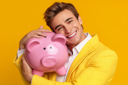 Young man embracing pink piggy bank with a cheerful smile. Bright yellow backdrop creates energetic atmosphere. Concept of finance, saving money, wealth management, banking.の素材