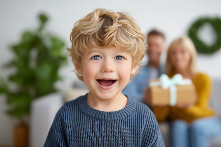 Child is smiling brightly at camera, expressing joy and excitement for a present held by family in background. Cozy living room setting with warm, inviting decor.の素材