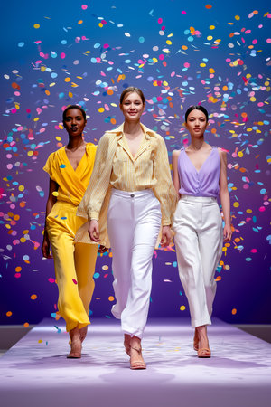Diverse models stride barefoot on a recycled-material catwalk amidst falling confetti. Minimalist backdrop creates clean atmosphere emphasizing eco-conscious design.の素材