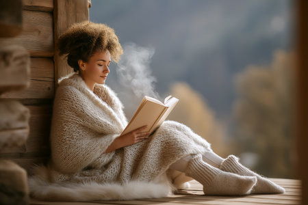 Woman sits comfortably wrapped in a fluffy blanket, absorbed in reading a book. Soft morning light filters through trees, enhancing tranquil cabin atmosphere. Concept of relaxation, wellness, reading.の素材