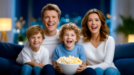 Family of four sharing joyful moments while watching a movie at home. Bright living room setting with warm lighting creates inviting atmosphere. Concept of entertainment, family bonding, lifestyle.の素材