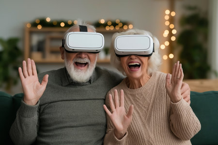 Elderly couple wearing virtual reality headsets smiling and waving while sitting comfortably on sofa. Friendly atmosphere with soft lighting and holiday decorations.の素材