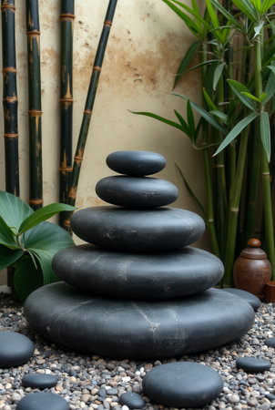 Basalt stones neatly stacked, creating a tranquil display. Lush bamboo and green leaves surround the stones in a zen garden atmosphere. Concept of wellness, relaxation, mindfulness.の素材