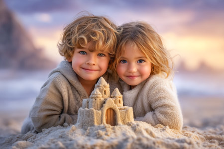 Two children looking at camera near sandcastle on sandy beach at sunset. Soft golden light creates a warm atmosphere. Concept of family fun, outdoor activities, beach vacations.の素材
