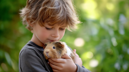 Child gently cradles guinea pig close to face, showcasing bond between pet and owner. Serene garden setting with soft green hues, highlighting love for animals.の素材