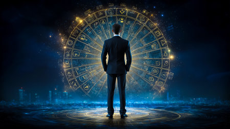 Human silhouette stands before glowing spinning wheel with business icons. Dynamic circular layout creates an atmosphere of decision-making in corporate environment.の素材