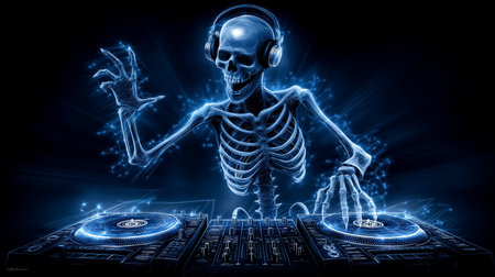 Skeleton wearing headphones spins records at a lively party. Dark background filled with colorful lights, creating a festive atmosphere. Concept of music events, nightlife, entertainment.の素材