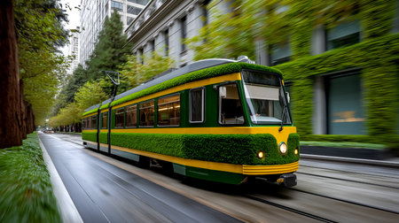 Tram moves smoothly along the track surrounded by lush greenery and modern architecture. Urban setting with a blend of nature and city life.の素材