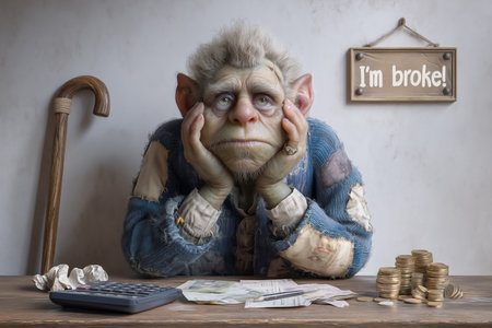 Elderly man sits at wooden table surrounded by overdue bills and scattered coins. Hands on cheeks express despair. Concept of financial hardship, personal finance, budgeting.の素材