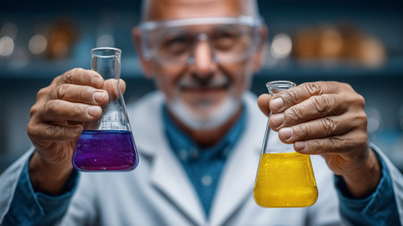 Senior scientist holds beakers filled with purple and yellow liquids. Modern laboratory setting with shelves of lab equipment. Concept of chemistry, research, education.の素材