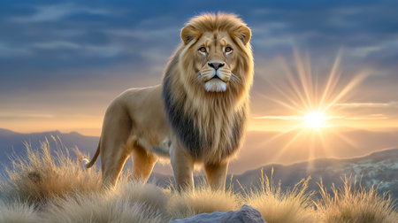 Lion gazes into distance with confident demeanor amidst radiant golden grass. Early morning light casts warm glow across tranquil landscape.の素材