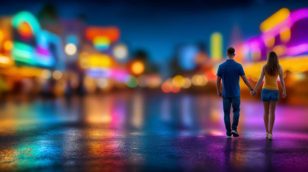 Couple holding hands strolls together at lively amusement park surrounded by bright neon lights. Reflective wet pavement adds to magical nightlife atmosphere.の素材