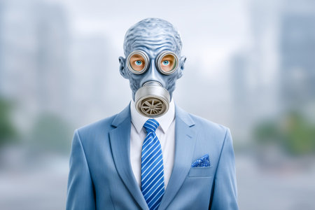 Man stands in formal suit with gas mask, conveying urgency about air quality and health. Urban background with blurred buildings suggests modern environment.の素材