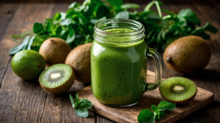 Fresh green smoothie in glass jar garnished with mint leaves. Natural earthy tones create a vibrant setting with kiwi and limes nearby. Concept of healthy living, nutrition, wellness.の素材