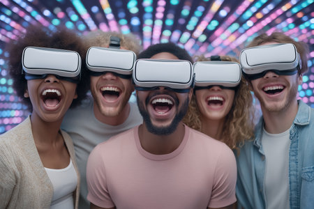 Group of five friends laughing and wearing virtual reality headsets. Bright and colorful background creates an energetic atmosphere. Concept of entertainment, gaming, social interaction.の素材