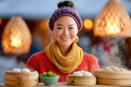 Vendor woman smiling at bustling street stall serving bamboo baskets filled with delicious dim sum. Warm ambiance from lanterns enhances inviting atmosphere.の素材