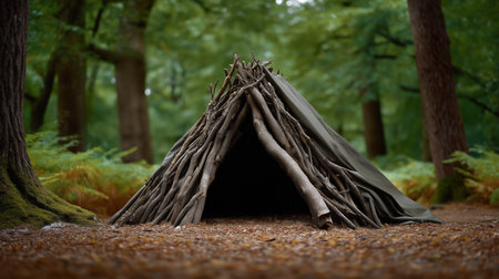 Natural shelter constructed using branches and tarp, nestled in vibrant green forest. Rustic terrain with earthy tones and soft ferns. Concept of outdoor survival, camping, wilderness adventure.の素材
