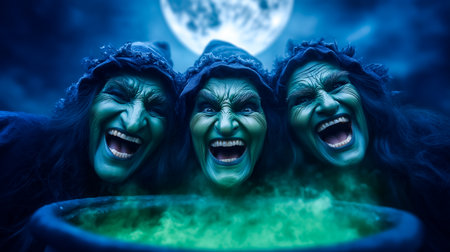 Three witches with green faces laughing joyfully while brewing potion in a cauldron. Dark, mystical night setting illuminated by full moon. Concept of Halloween, fantasy, theatrical productions.の素材