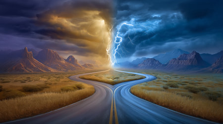Forked road divides landscape with storm clouds on one side and sunlight on the other. Dramatic lighting and contrasting environments reflect choices in life.の素材