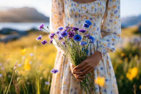 Joyful woman embraces colorful bouquet of wildflowers in serene meadow setting. Warm sunlight bathes yellow and purple blooms. Concept of floristry, outdoor events, wellness.の素材