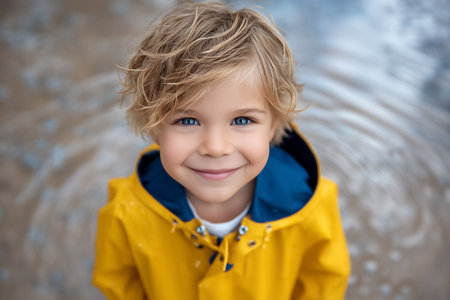 Boy smiles while standing in puddles, showcasing joy in rainy weather. Bright yellow raincoat contrasts with gray puddles in home garden. Concept of childhood, happiness, outdoor play.の素材