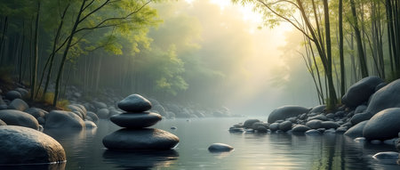 Basalt stones stacked carefully along the edge of calm river in bamboo grove. Soft morning light filters through trees, creating a peaceful atmosphere. Concept of wellness, meditation, nature retreat.の素材