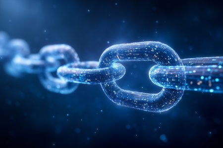 Glowing digital chain link symbolizes connectivity and blockchain technology. Dark background emphasizes intricate details of the link. Concept of technology, cybersecurity, digital innovation.の素材