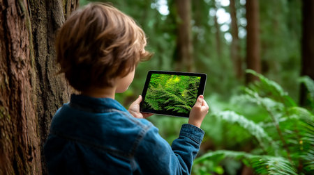 Child holding tablet while observing detailed ferns in a green forest. Sunlight filters through tall trees, creating serene atmosphere. Concept of education, technology, outdoor discovery.の素材
