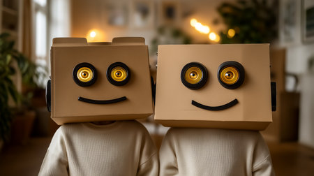 Two children wearing cardboard robot masks smile joyfully, showing creativity and innocence. Bright and cozy indoor space filled with soft lighting and plants.の素材