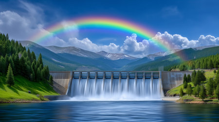 Water tumbles powerfully over dam, creating mist in bright sunlight. Rainbow arches above, framed by towering mountains and lush forests.の素材
