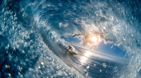Surfer glides through curling wave at sea with sunlight shining through water. Stunning ocean setting with vibrant blue hues creates dynamic scene. Concept of adventure, water sports, tourism.の素材