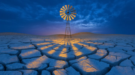 Windmill towers above dry cracked earth with vibrant blue and purple twilight sky. Evokes feelings of drought, resilience, and nature challenges.の素材