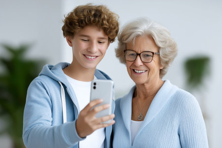 Teenager and senior woman smile while taking a selfie with smartphone. Bright and welcoming indoor space with plants, fostering family connections. Concept of family, technology, elderly care.の素材