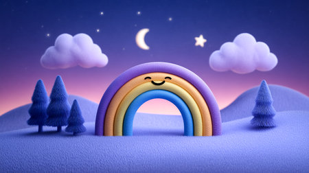Cheerful rainbow stands proudly in vibrant purple field with fluffy clouds and twinkling stars. Tranquil setting suggests joy and whimsy. Concept of children's products, greeting cards, decorations.の素材