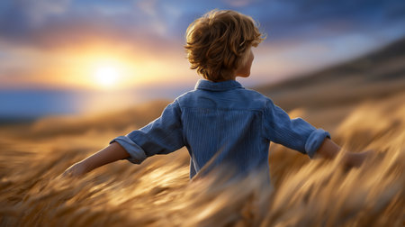 Child running with arms outstretched through golden wheat field during sunset. Vibrant sunset colors fill the sky, creating a serene atmosphere. Concept of outdoor play, childhood, agriculture.の素材