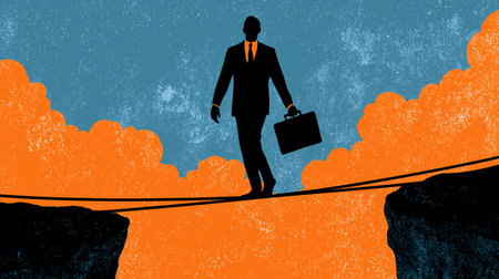 Tightrope walker crosses between steep cliffs holding briefcase. Cloudy sky creates tension-filled composition emphasizing balance. Concept of finance, entrepreneurship, risk management.の素材
