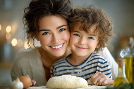 Mother and child share joyful moment while making dough in modern kitchen. Warm, inviting space with soft lighting creates connection and happiness.の素材
