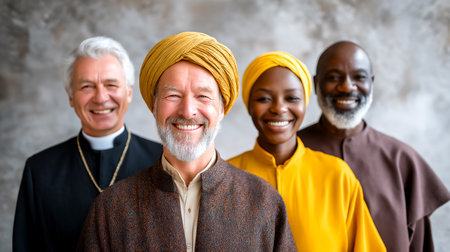Four smiling individuals and dressed in distinct cultural attire stand together against a neutral textured backdrop. This image conveys themes of diversity, unity, and cultural celebration.の素材
