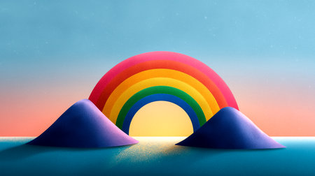 Colorful rainbow arches over two hills with calm water in foreground. Soft pastel colors evoke the sense of peace and tranquility. Concept of wellness, nature appreciation, creative design.の素材