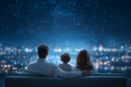 Family embraces on couch in dark cozy room watching bright TV screen. Soft glow illuminates faces as they enjoy quality time together. Concept of family entertainment, home life, relaxation.の素材